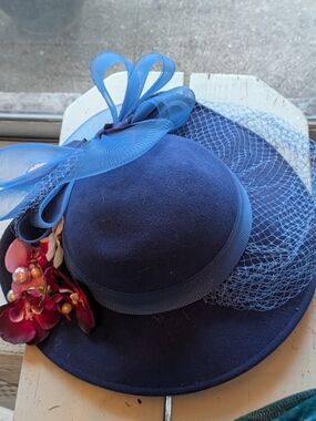 Vintage Derby Day Royal Blue Ladies Hat with Veil and Floral Accent